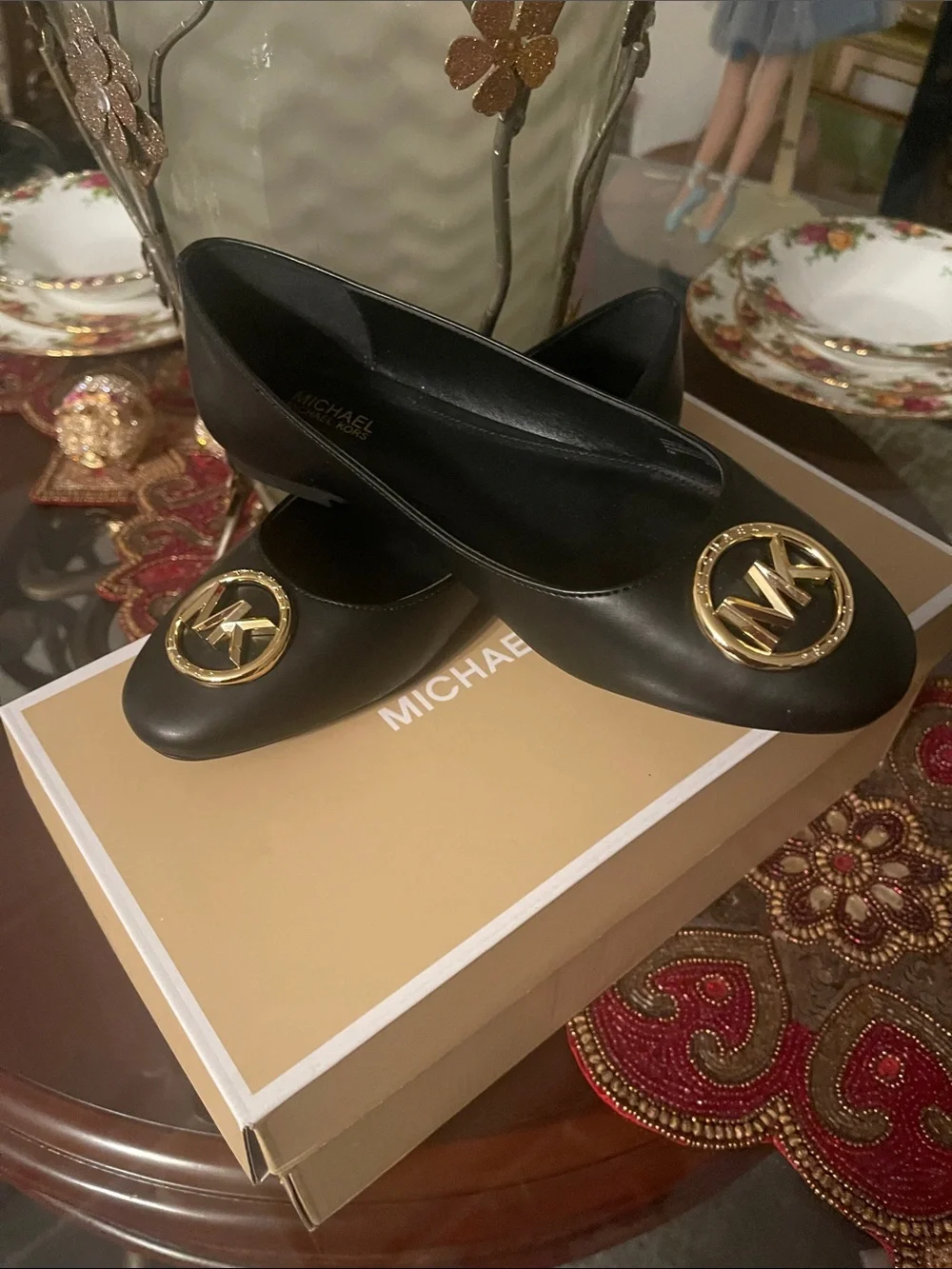 Michael Kors Black Leather Logo Ballet Flats with Gold MK Emblem